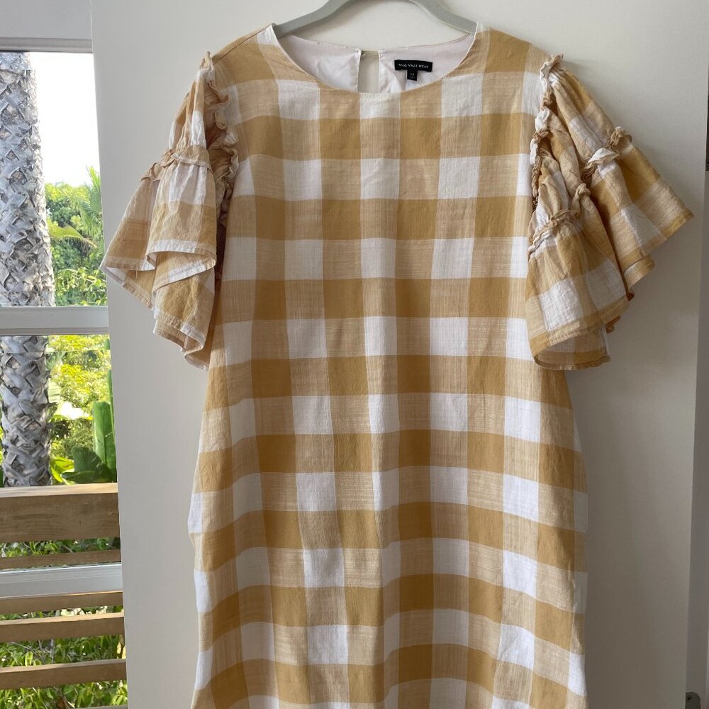 Who What Wear Buffalo Check Ruffle Sleeve Mini Dress, Yellow &‎ White, Medium